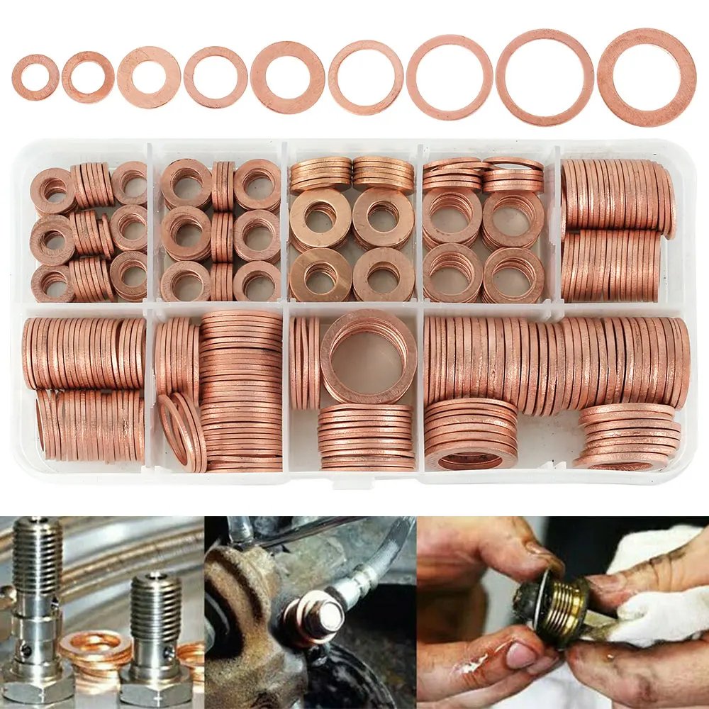 400/300/280/200/150/100 قطعة غسالات النحاس يا خاتم النحاس جوانات حلقة مسطحة مجموعة سدادات مجموعة متنوعة سيارة النحاس ختم خواتم مع كيس