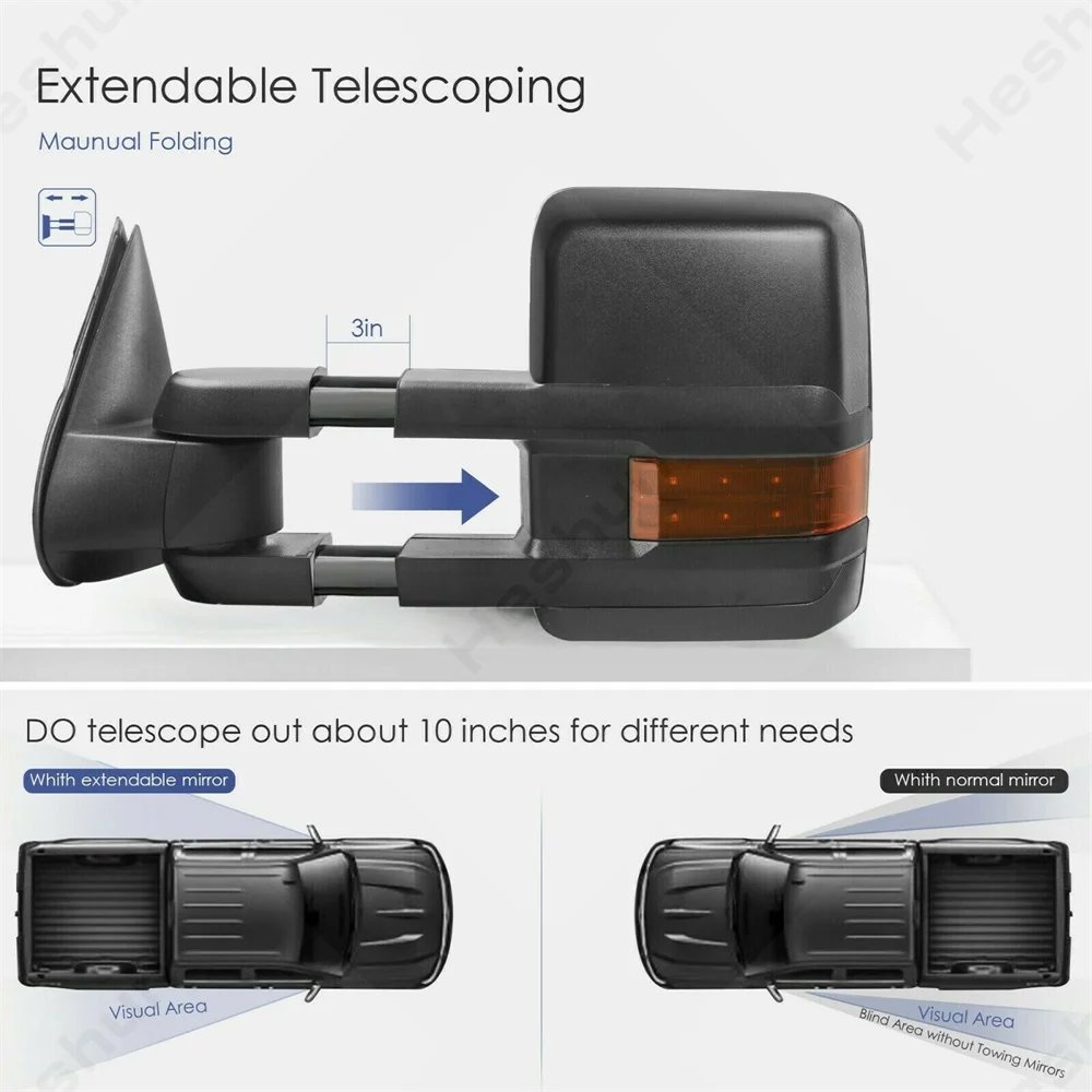 مرآة خلفية مدفئة بالطاقة ، زوج مرايا سحب لسيارة تشيفي سيلفرادو في الضواحي تاهو جي إم سي سييرا 1500 2500 3500 HD يوكون 2007 2008-2013