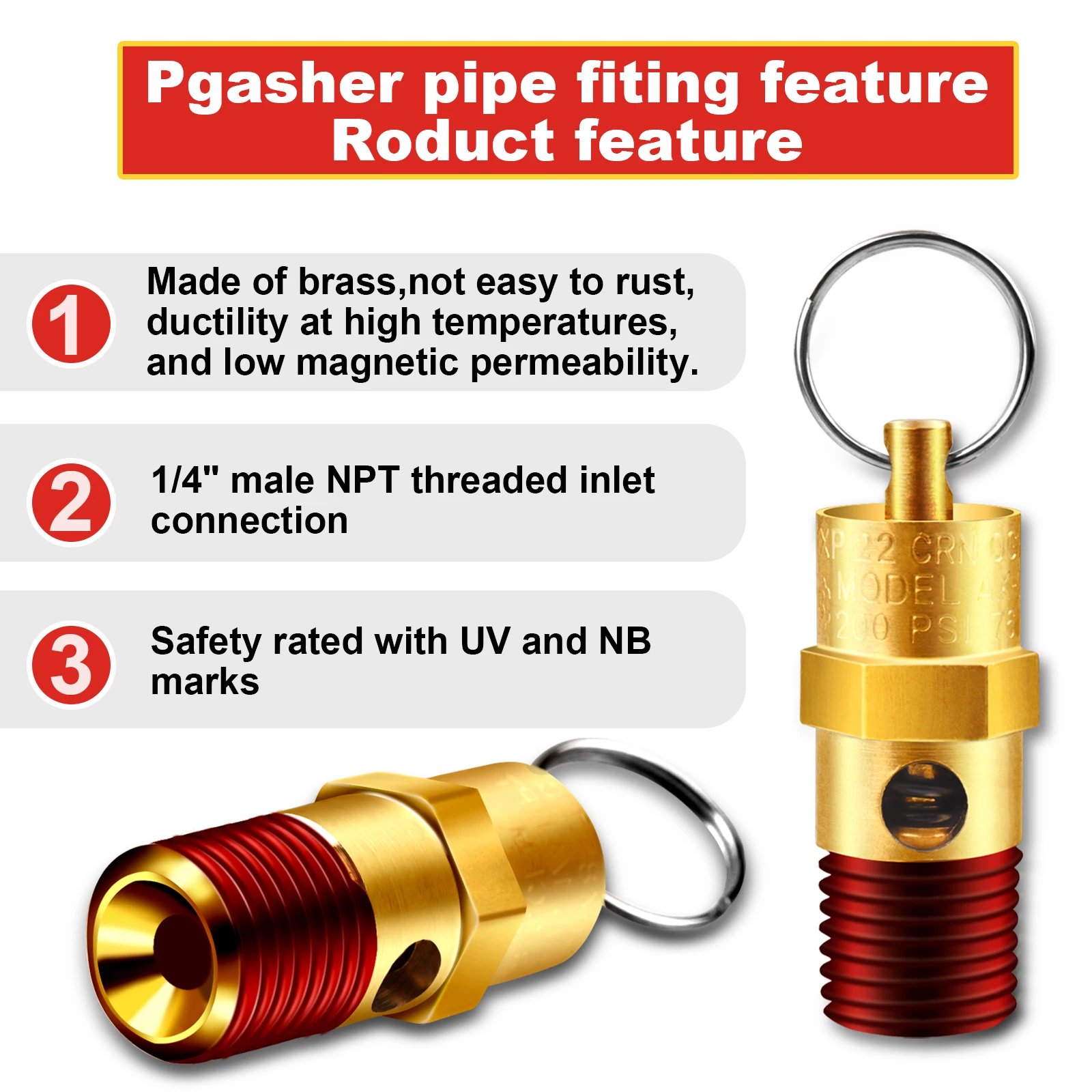 ضاغط هواء أمان نحاسي صمام تخفيف الضغط ، صمام فحص ، ذكر ، ، من من من النحاس الأصفر ، NPT ، من من من النحاس الأصفر ، من من من من من النحاس الأصفر ، 1