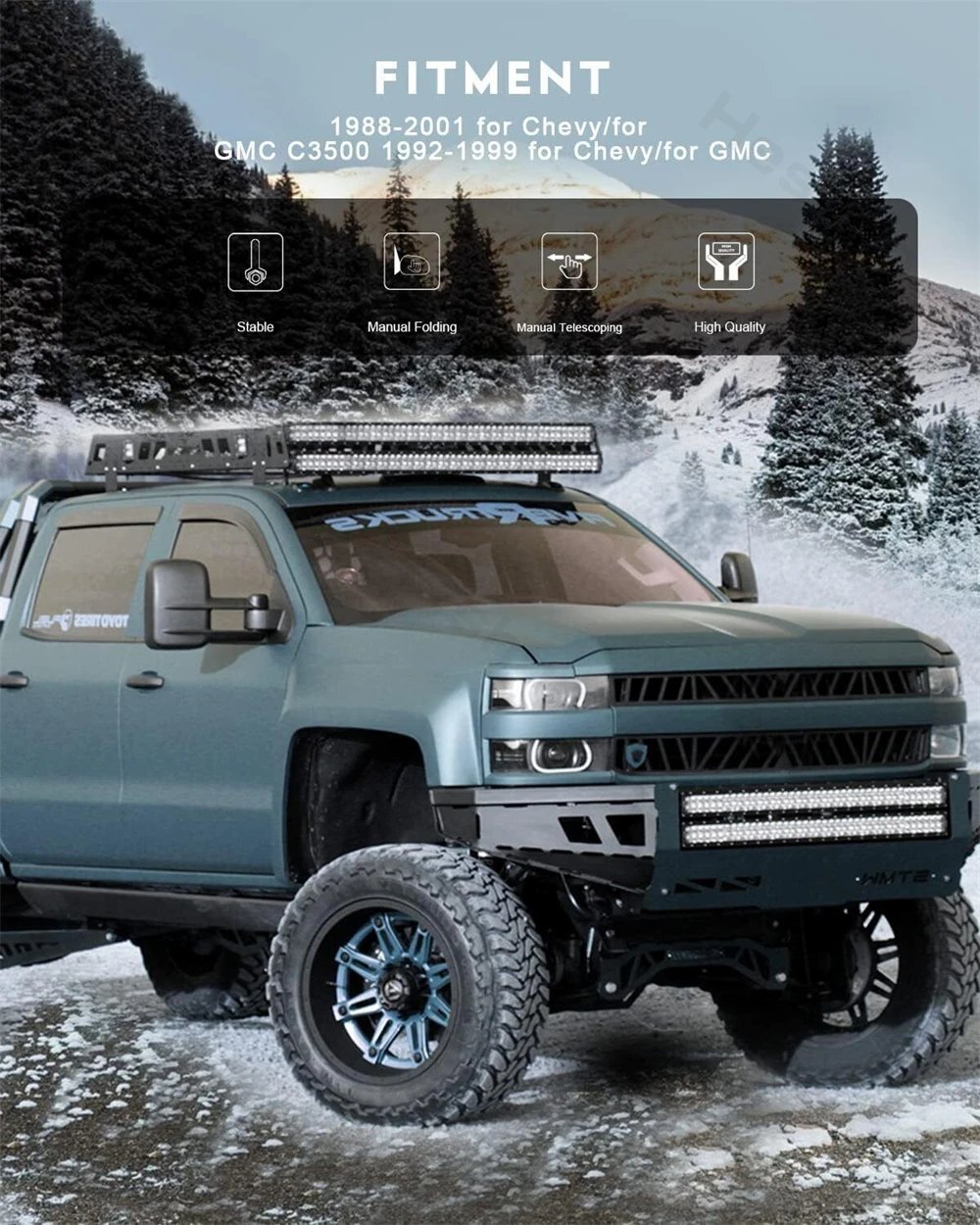 مرايا جر لـ 1988 1989 - 1998 تشيفي تاهو جي ام سي C/K 1500 2500 3500 الضواحي يوكون مرآة جانبية قابلة للتمديد يدوية