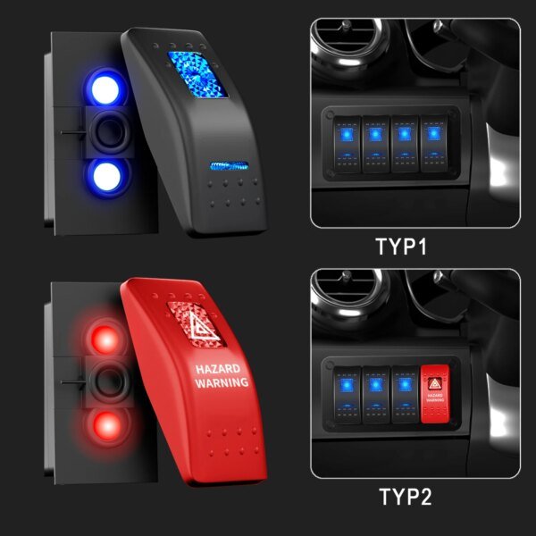لوحة مفاتيح الروك LED زرقاء ، لوحة مفاتيح تشغيل/إيقاف تشغيل الألومنيوم ، خطر أحمر للسيارة ، البحرية ، القوارب ، الشاحنات ، 2 ، 3 ، 4 ، 5 ، 6 ، 8 عصابة
