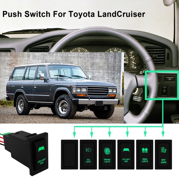 مفتاح دفع للسيارة لتويوتا برادو ، شريط LED أخضر ، خلفي ، بقعة ، ضباب ، مصابيح قيادة ، إكسسوارات زر بديلة ، 90 ، 95 ، لاندكروزر ، 12 فولت