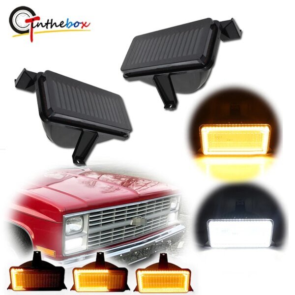 110472-ef7c4e.jpg Gtinthebox 2 قطعة العنبر الديناميكي LED المصد الأمامي بدوره إشارة أضواء ث/الأبيض DRL/القيادة أضواء لشاحنة شيفروليه جي إم سي بيك اب