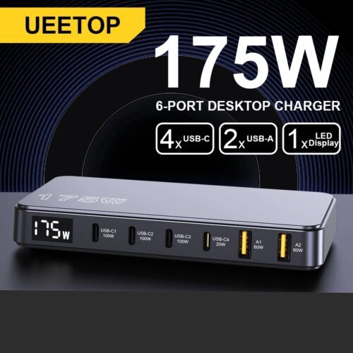 243385-50f35c.jpg شاحن Ueetop 175 واط شاحن USB C GaN بشاشة LED 6 منافذ شاحن سطح المكتب من النوع C PD 100W PPS 45W للشحن السريع لجهاز MacBook Samsung iPhone