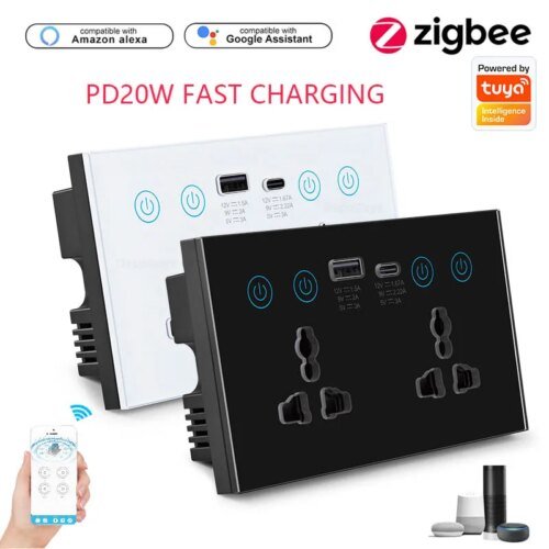 مقبس  جداري مزدوج  قابس كهربائي عالمي ، منفذ مع USB ، مفتاح لمس من النوع C ، اليكسا ، صوت جوجل ، تحكم ذكي