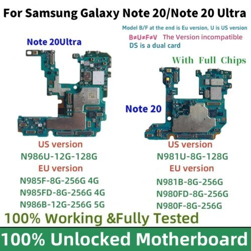 لوحة أم غير مقفلة لـ Samsung Galaxy Note 20 Ultra ، لوحة منطقية ، 4G ، N980F ، N985F ، N986B ، N986U ، N981U ، N981B ، تم اختبارها