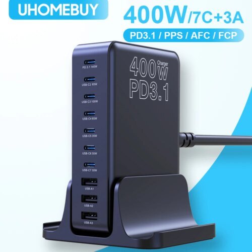 شاحن 400 واط شاحن USB C بقدرة 10 منافذ  140 واط كحد أقصى شاحن سريع أحادي المنفذ PD3.1 لجهاز MacBook Pro iPhone Samsung