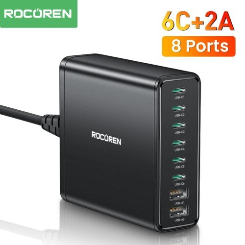 Rocoren 8 في 1 USB نوع C شاحن 200 واط USBC شاحن سطح المكتب PD QC شحن سريع شاحن سريع 8 منافذ شحن آيفون 15 برو