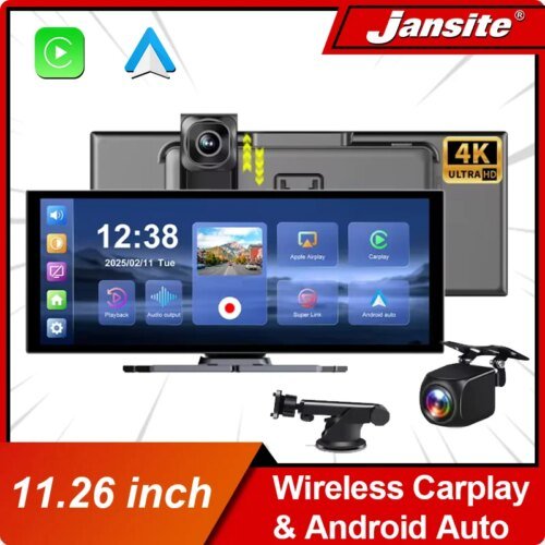 Jansite جديد 11.26 بوصة 4K DVR CarPlay اللاسلكية وأندرويد السيارات المحمولة داش كام شاشة السيارة مسجل فيديو 5G واي فاي الملاحة