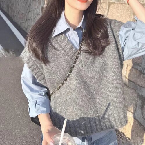 رمادي سترة دون أكمام محبوك سترة المرأة الخريف والشتاء الكورية الحلو نمط ملابس خارجية سترة الخامس الرقبة سترة محبوكة عادية
