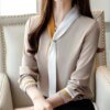 بلوزات شيفون نسائية كلاسيكية بأكمام طويلة ورقبة على شكل حرف V ، بلوزات فضفاضة ، ملابس غير رسمية ، أحادية اللون ، أنيقة ، مكتب ، خريف